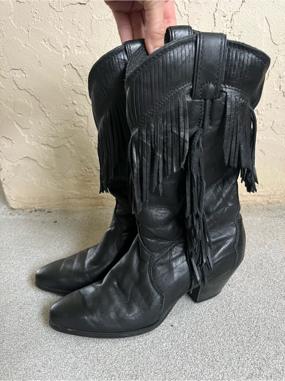 Vintage Laredo Black Leather Fringe Western Cowboy Boots Size 7